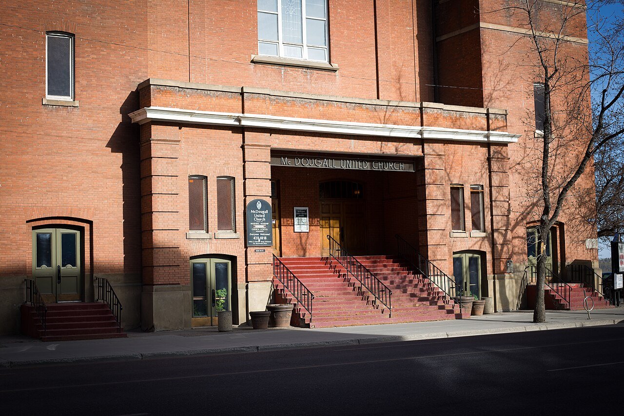 The brick entrance of McDougall United Church in downtown Edmonton